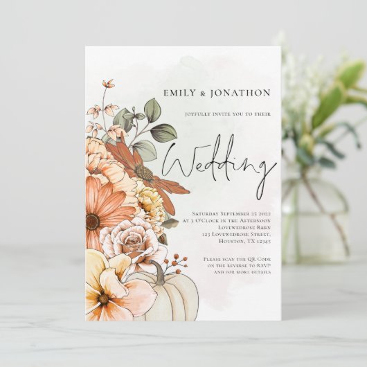 Herfst Bloemige Pompoen Script QR Code Trouwdag Kaart (Staand voorkant)
