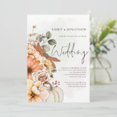 Herfst Bloemige Pompoen Script QR Code Trouwen Kaart (Staand voorkant)