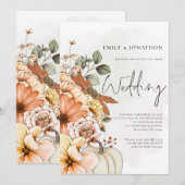 Herfst Bloemige Pompoen Script QR Code Trouwen Kaart (Voorkant / Achterkant)