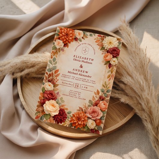 Herfst Bloemige Romantische Bruiloft Kaart