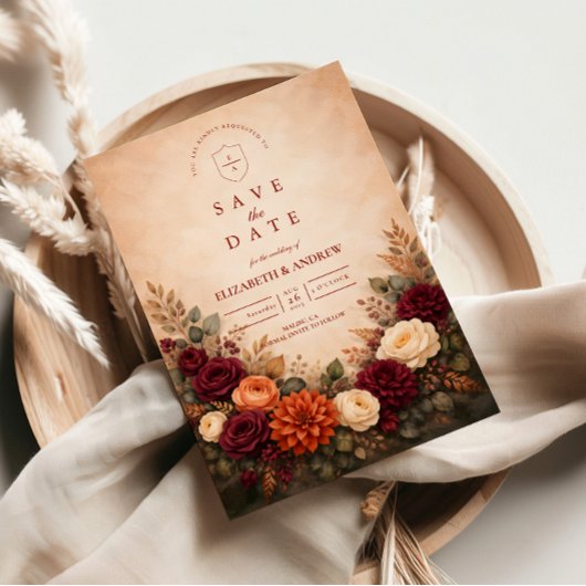 Herfst Bloemige Romantische Bruiloft Save The Date