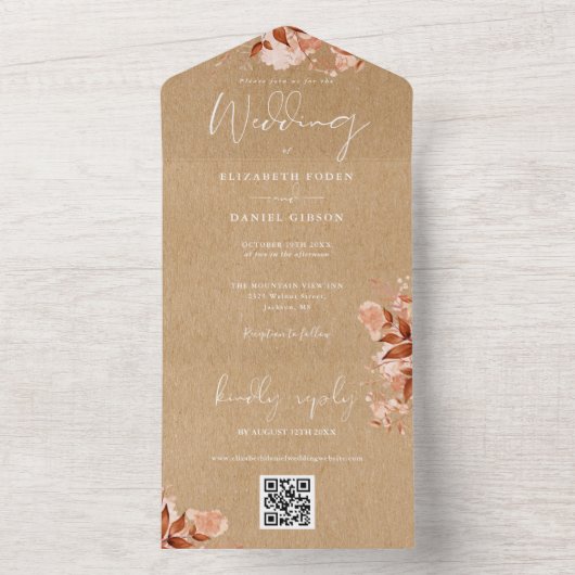 Herfst Bloemige Rustieke Kraft QR Code Trouwen All In One Uitnodiging (Binnen)