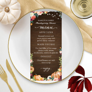 Herfst Bloemige Thanksgiving Diner Menu Kaart