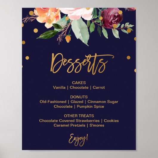 Herfst Bloemige Trouw Dessert Menu Bord Poster (Voorkant)