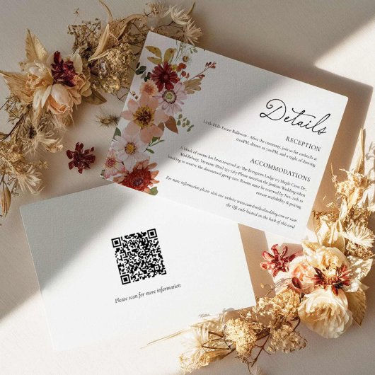 Herfst Bloemige Trouwdetails Kaart met QR-code