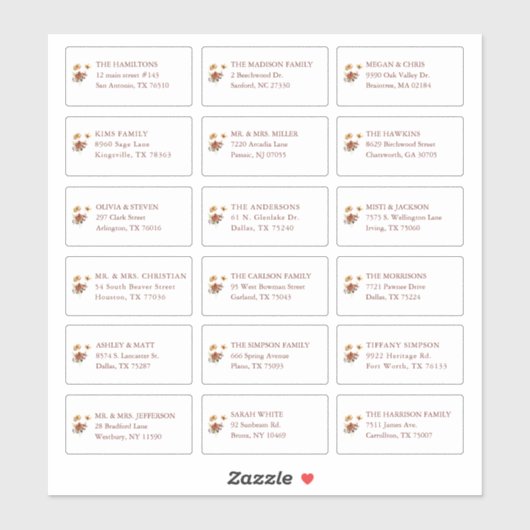 Herfst bloemige trouwgast Ontvanger Naam Adres Sticker (Vel)