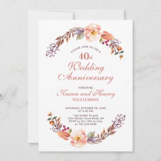 Herfst/Bloemige uitnodiging voor 40-jarig huwelijk (Voorkant)