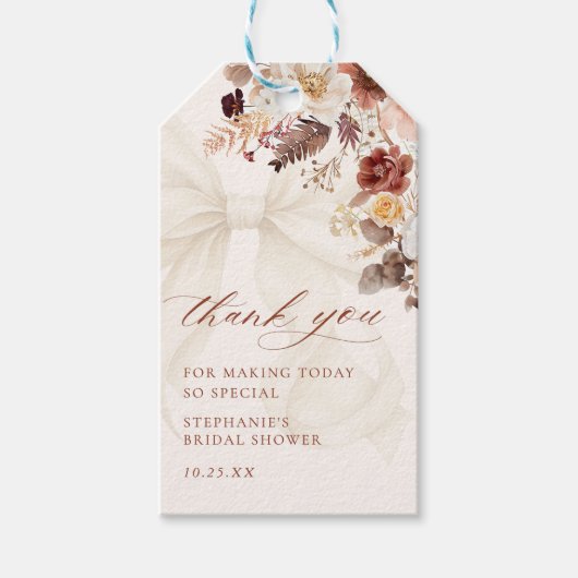 Herfst Bloemige Witte Strik Bruiloft Borrel Cadeaulabel (Voorkant)