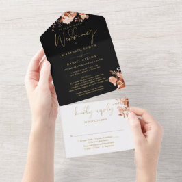 Herfst Bloemige Zwarte en Gouden Details RSVP Trou All In One Uitnodiging