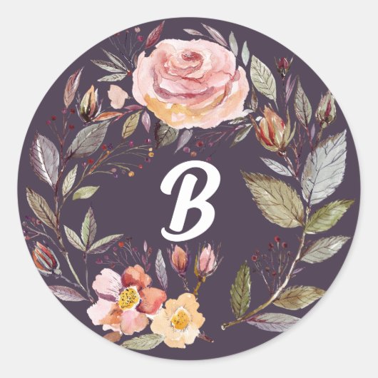 Herfst Bloemkrans Pruimenmonogram Ronde Sticker (Voorkant)