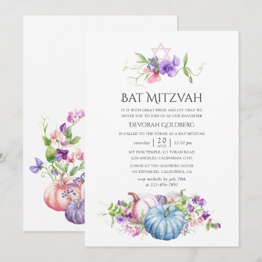 Herfst - Bloemrijke Bat Mitzvah Kaart (Voorkant / Achterkant)