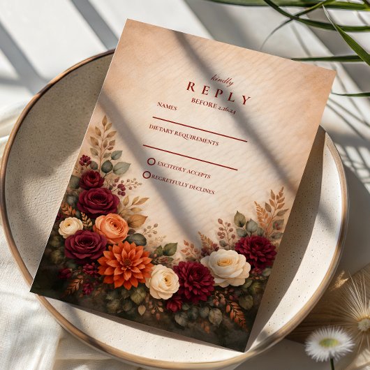 Herfst Bloemrijke Romantische Bruiloft RSVP Kaartje