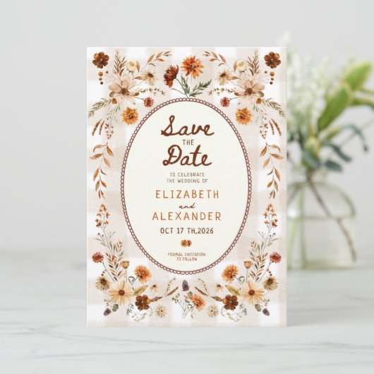 Herfst bloemrijke rustieke boho herfst bruiloft save the date (Staand voorkant)