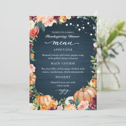 Herfst Bloemrijke Thanksgiving Diner Menu Kaart (Staand voorkant)