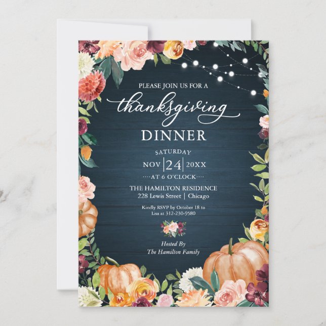 Herfst Bloemrijke Thanksgiving Diner Uitnodiging (Voorkant)