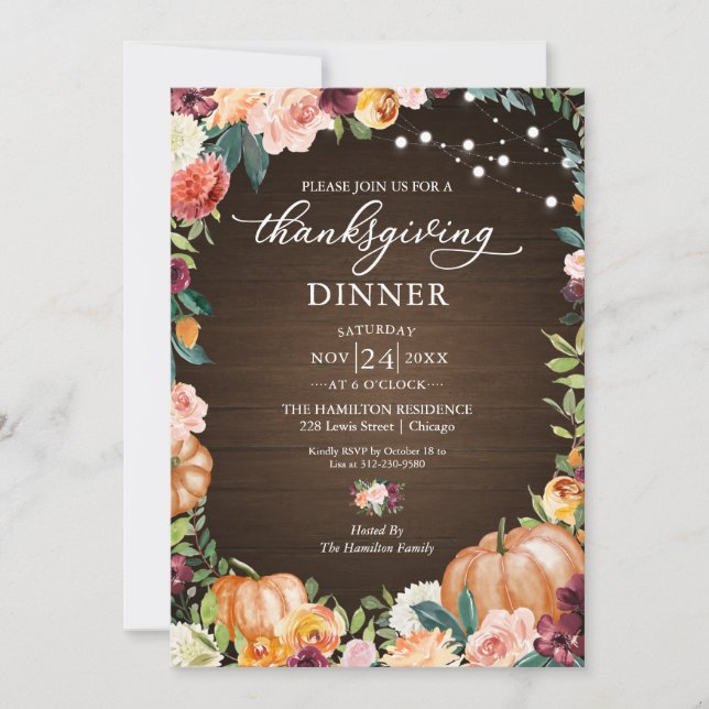 Herfst Bloemrijke Thanksgiving Diner Uitnodiging (Voorkant)