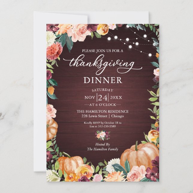 Herfst Bloemrijke Thanksgiving Diner Uitnodiging (Voorkant)