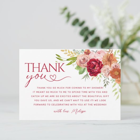 Herfst bloemstuk, Marsala Bloem Bedankkaart  (Staand voorkant)