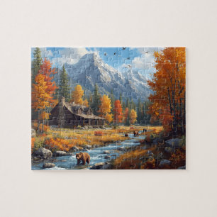 Herfst Blokhut Beren Rivier Berg Landschap Legpuzzel