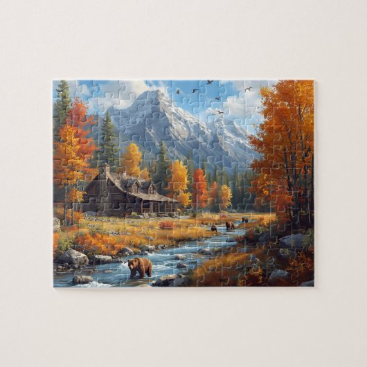 Herfst Blokhut Beren Rivier Berg Landschap Legpuzzel (Horizontaal)