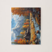 Herfst Blokhut Beren Rivier Berg Landschap Legpuzzel (Verticaal)