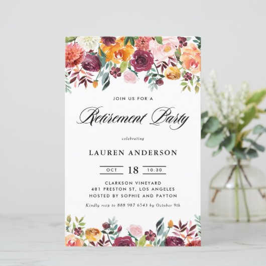 Herfst Blooms Garland Retirement Party Uitnodiging (Staand voorkant)