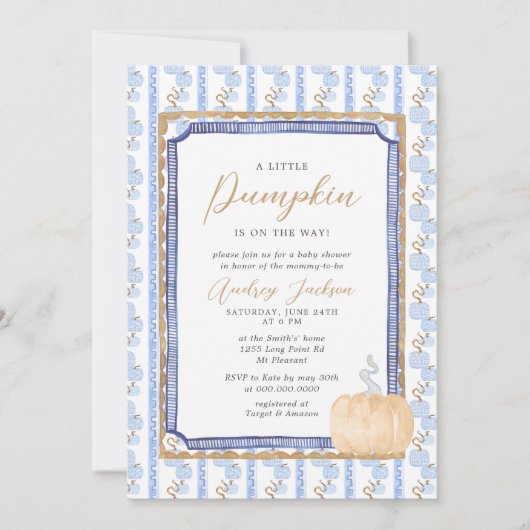 Herfst Blue Chinoiserie Blue Pumpkin Baby shower I Kaart (Voorkant)