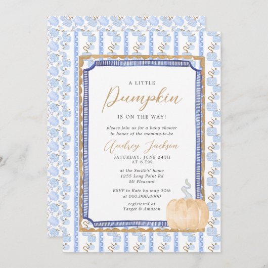 Herfst Blue Chinoiserie Blue Pumpkin Baby shower I Kaart (Voorkant / Achterkant)