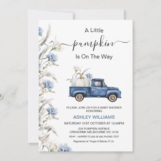 Herfst Blue Floral Little Pumpkin Truck Baby showe Kaart (Voorkant)