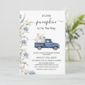 Herfst Blue Floral Little Pumpkin Truck Baby showe Kaart (Staand voorkant)
