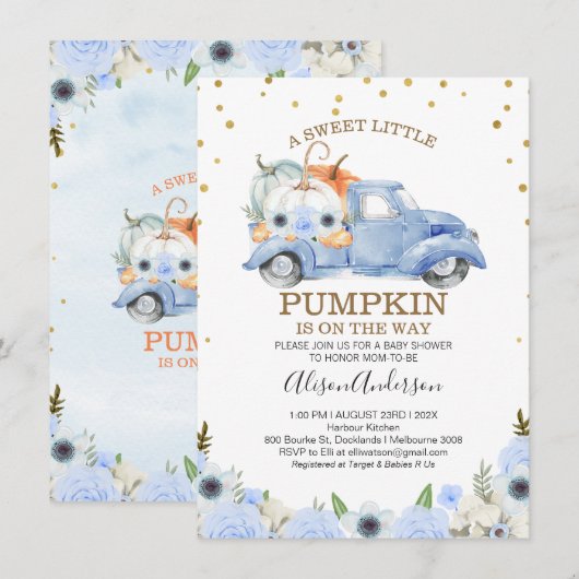 Herfst Blue Floral Pumpkin Truck Baby shower Kaart (Voorkant / Achterkant)