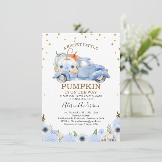 Herfst Blue Floral Pumpkin Truck Baby shower Kaart (Staand voorkant)