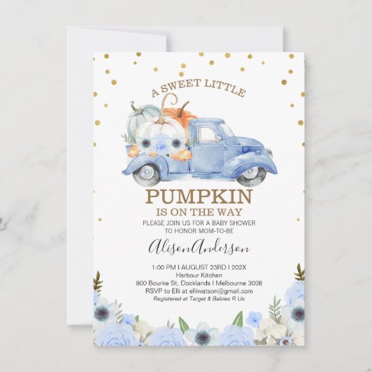 Herfst Blue Floral Pumpkin Truck Baby shower Kaart (Voorkant)