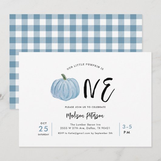 Herfst Blue Pumpkin First Boy Birthday Party Kaart (Voorkant / Achterkant)