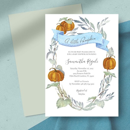 Herfst Blue Pumpkin Greenery Baby shower Kaart