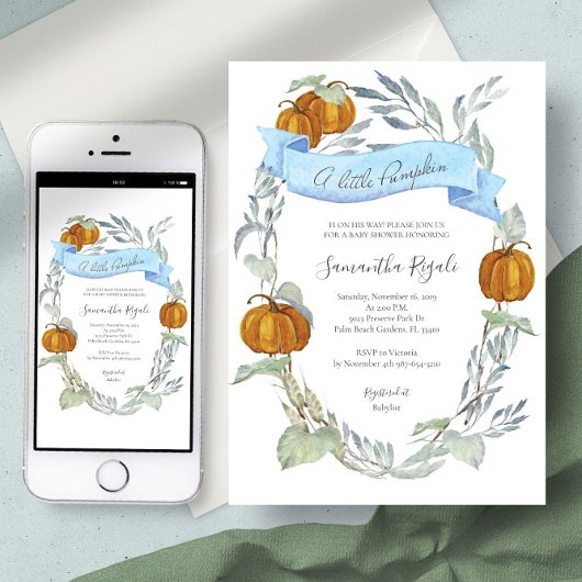Herfst Blue Pumpkin Greenery Baby shower Kaart