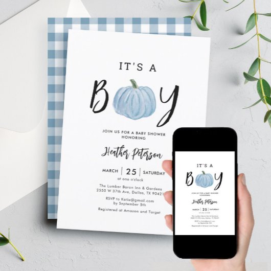 Herfst Blue Pumpkin Het is een Baby shower van een Kaart
