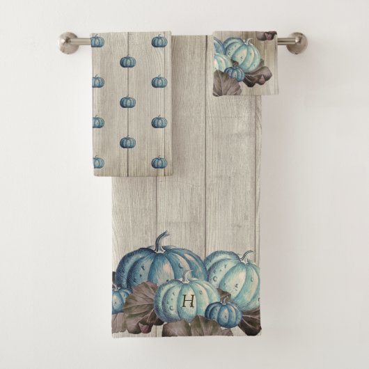 Herfst Blue Pumpkin Rustic Cute Gray Wood Bad Handdoek (Insitu)