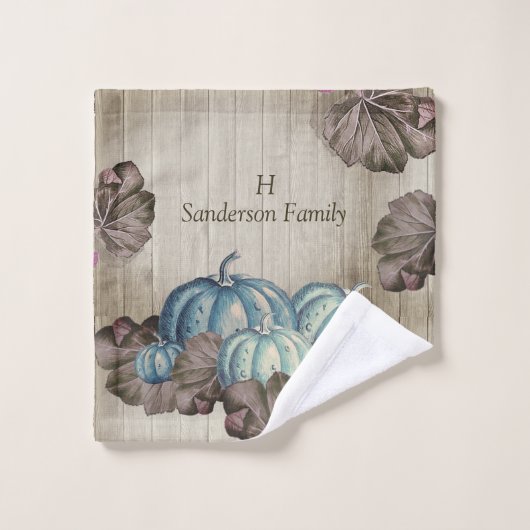 Herfst Blue Pumpkin Rustic Cute Gray Wood Bad Handdoek (Wasdoekje)