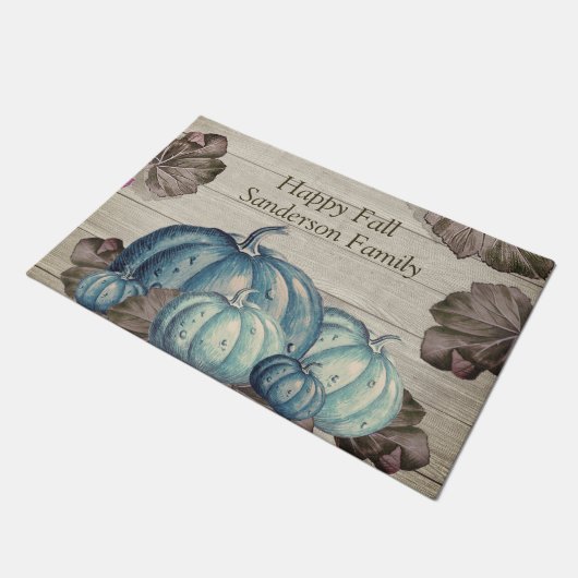 Herfst Blue Pumpkin Rustic Cute Gray Wood Deurmat (Schuin)