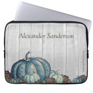 Herfst Blue Pumpkin Rustic Cute Gray Wood Laptop Sleeve