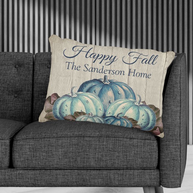 Herfst Blue Pumpkin Rustic Cute Grey Wood A Accent Kussen (Creator heeft geüpload)