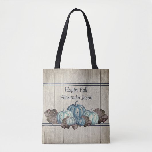 Herfst Blue Pumpkin Rustic Cute Grey Wood Ba Tote Bag (Voorkant)