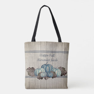 Herfst Blue Pumpkin Rustic Cute Grey Wood Ba Tote Bag