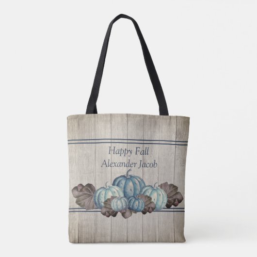 Herfst Blue Pumpkin Rustic Cute Grey Wood Ba Tote Bag (Achterkant)