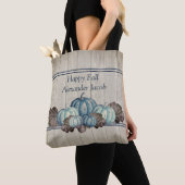 Herfst Blue Pumpkin Rustic Cute Grey Wood Ba Tote Bag (Dichtbij)