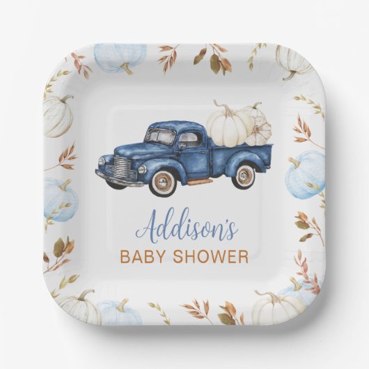 Herfst Blue Pumpkin Truck Baby shower Papieren Bordje (Voorkant)