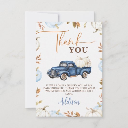 Herfst Blue Pumpkin Truck Little Pumpkin Baby show Bedankkaart (Voorkant)