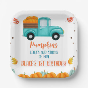 Herfst Blue Truck Oranje Pumpkin Boys Birthday Papieren Bordje