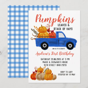 Herfst Blue Truck Pumpkin Birthday-uitnodiging Kaart